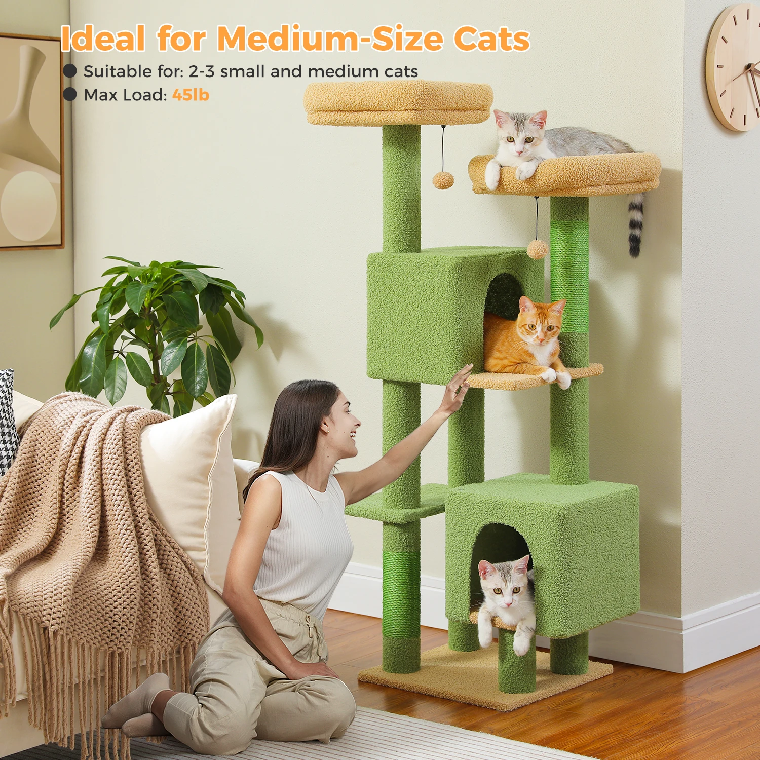 Árbol para gatos con cactus, torre para gatos de 133 cm para gatos de interior, lindo árbol para gatos con 2 perchas acolchadas, 2 condones y 2 postes para rascar - imagen 2