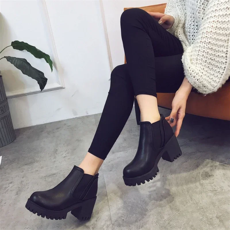 Botas de tacón alto con punta redonda para mujer, botines informales de tacón grueso, de Color sólido, cómodos, a la moda, para otoño e invierno, novedad de 2024 - imagen 4