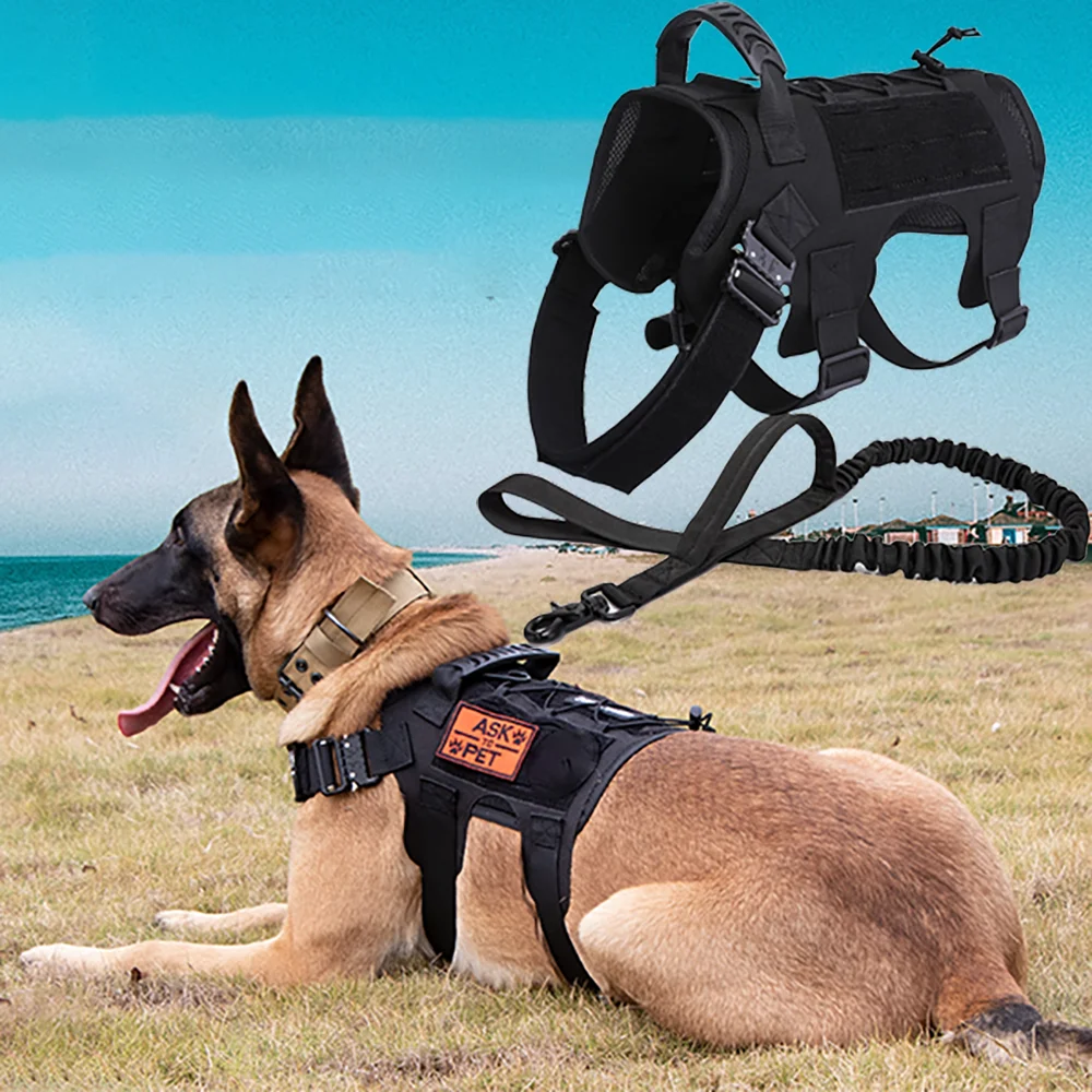 Arnés táctico para perros, juego de correas, arnés de servicio para perros con bolsas molle, arnés de entrenamiento de caza resistente para perros grandes y medianos