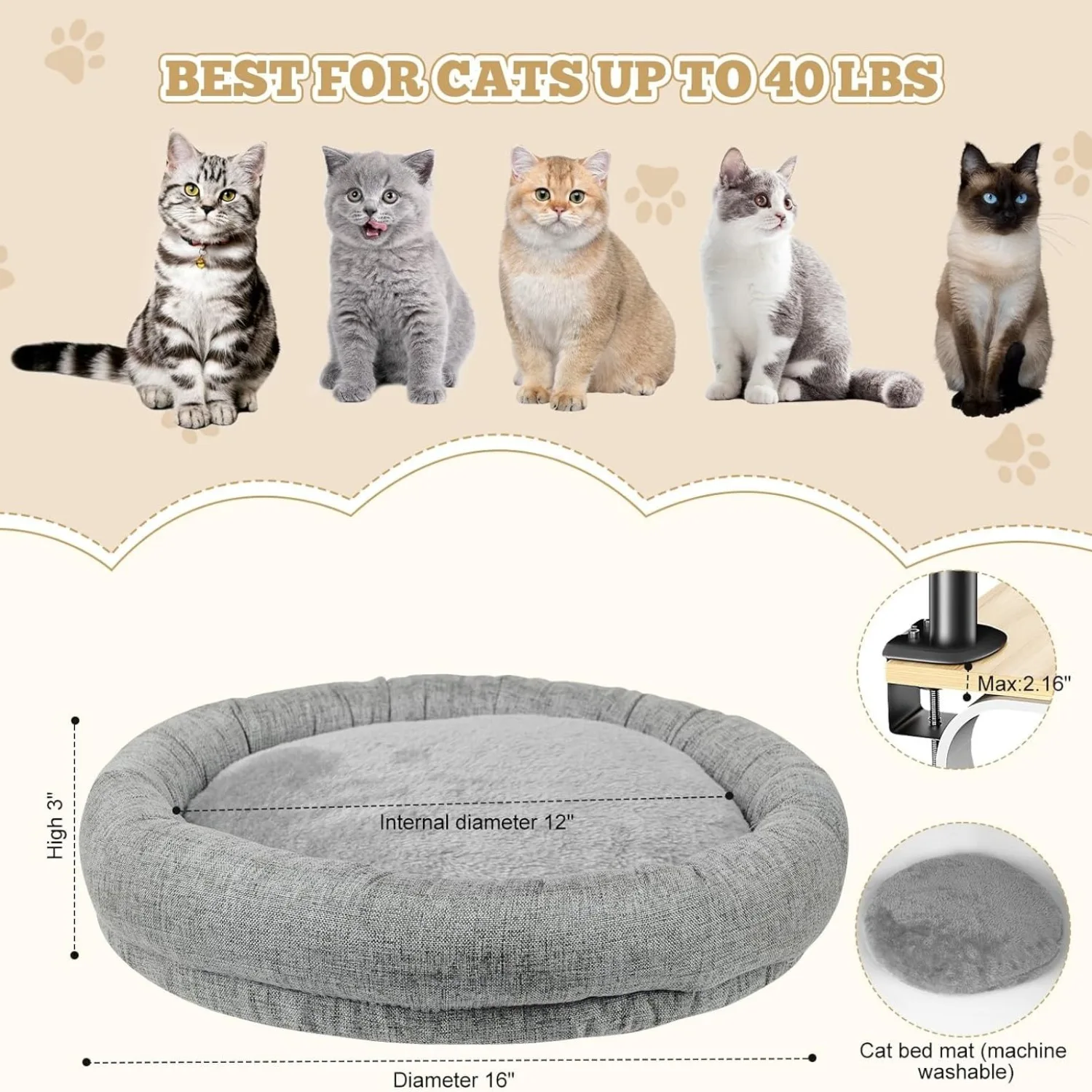 Detalle de la abrazadera de la cama de gato sin dañar el escritorio