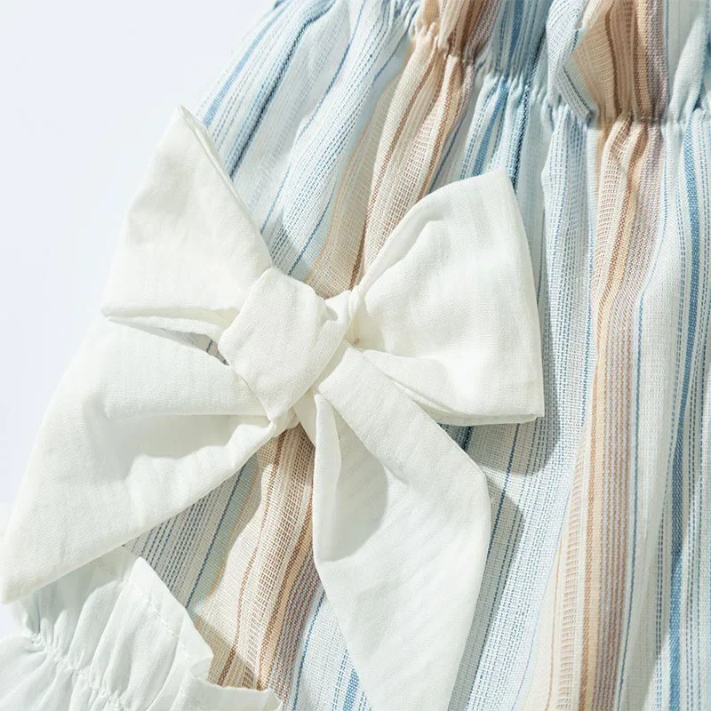 Vestido de encaje para cachorros, lazo grande para perros pequeños, ropa de peluche de verano a rayas para cachorros, camisa de Color sólido con tirantes, ropa para perros femeninos - imagen 5