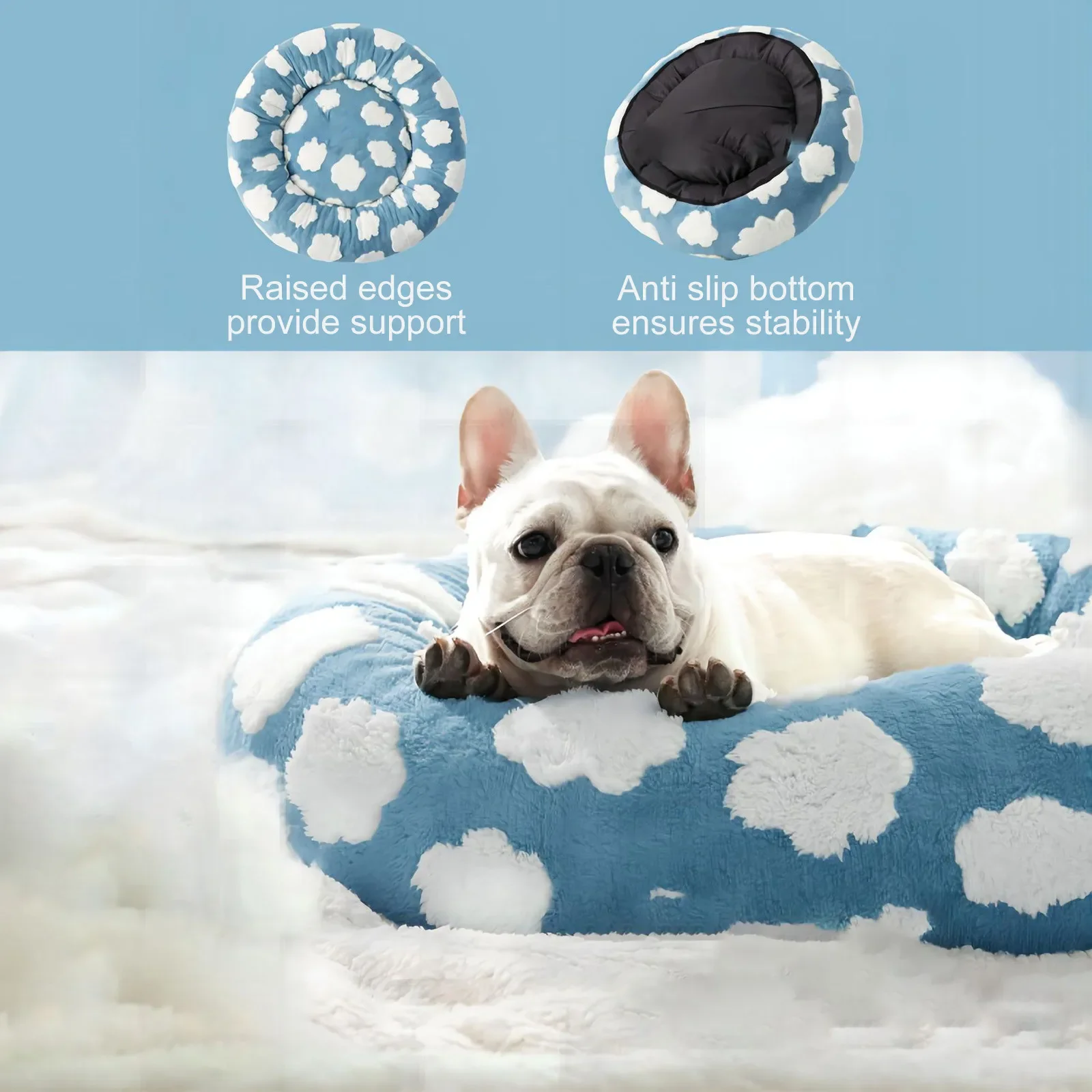 Perrera para perros pequeños con nubes de cielo, bonita cama para mascotas con forma de Donut, camas lavables para cachorros, sofá acogedor, camas redondas antideslizantes de felpa peluda para gatos - imagen 2