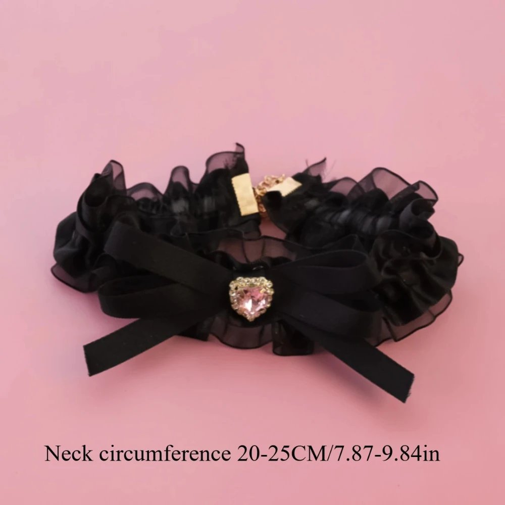 Collar de lujo para mascotas de encaje y diamantes de imitación con dije en forma de corazón, bonito diseño de lazo floral, ajustable para gatos y perros pequeños - imagen 2