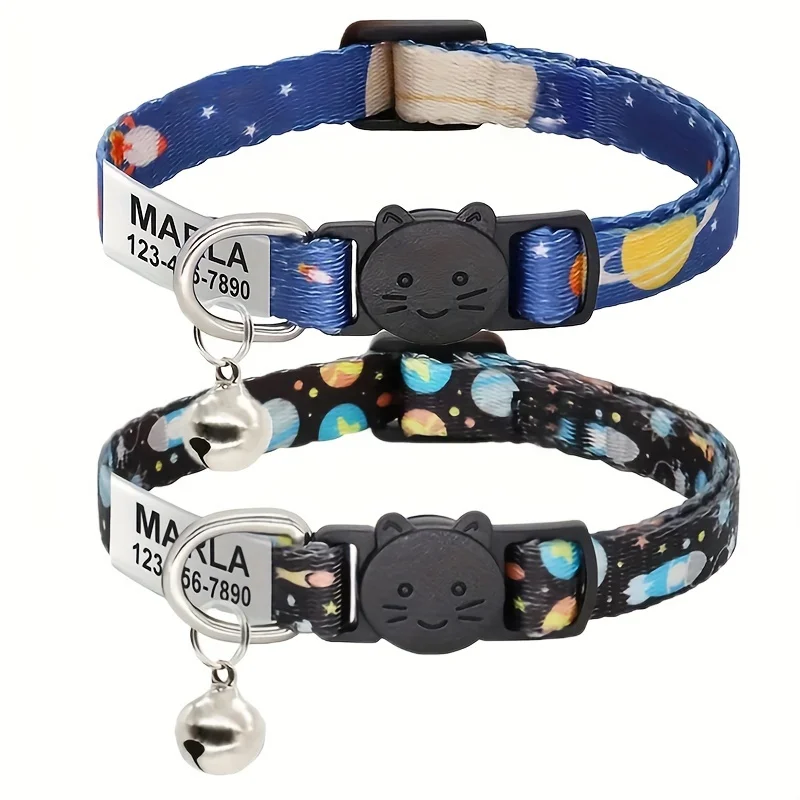 Collar ajustable personalizado con diseño de planeta espacial para mascotas, hebilla de seguridad de nailon para gatos, perros pequeños, etiqueta de identificación grabada, nombre, dirección telefónica