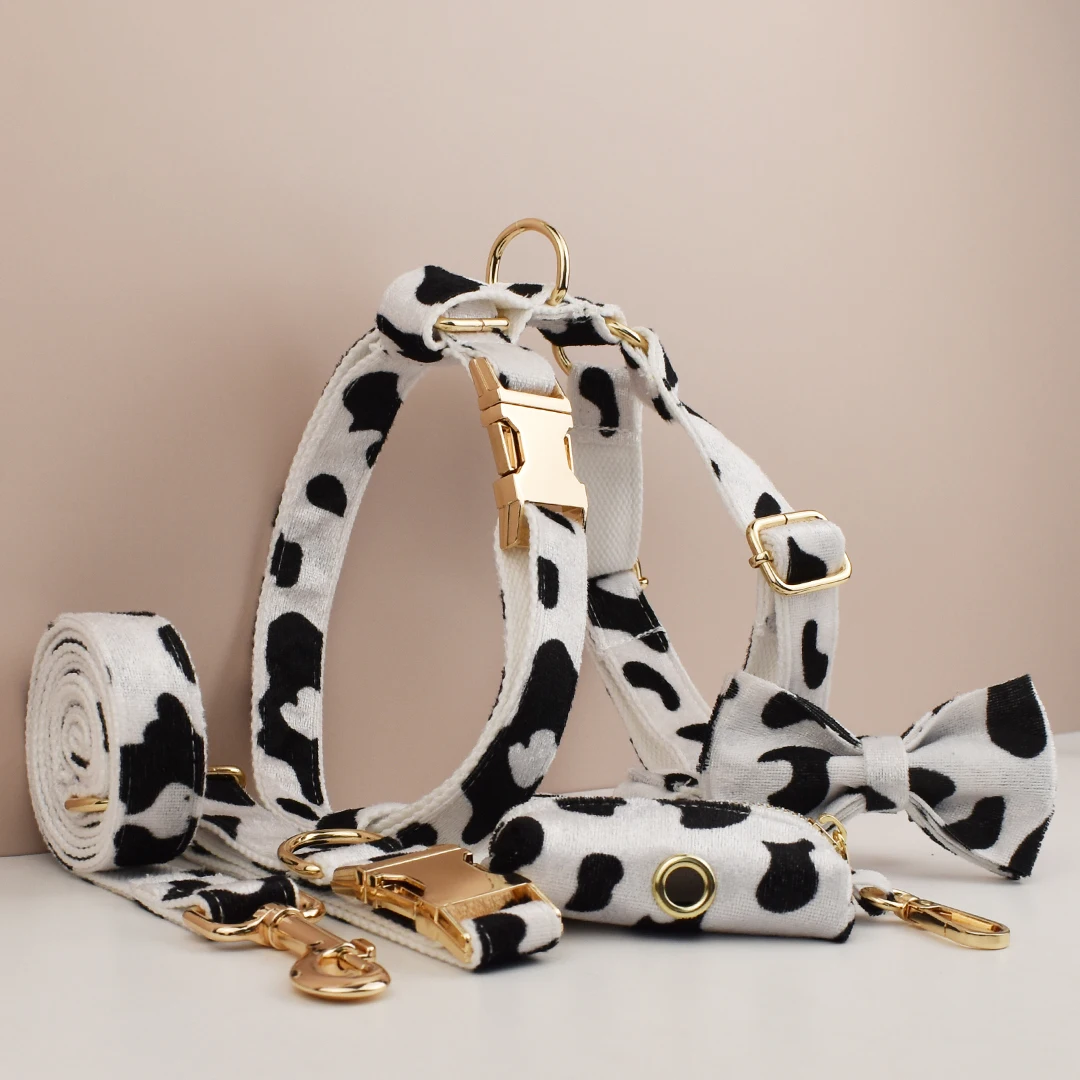 Collar, correa de algodón gris para perro con arnés y bolsa