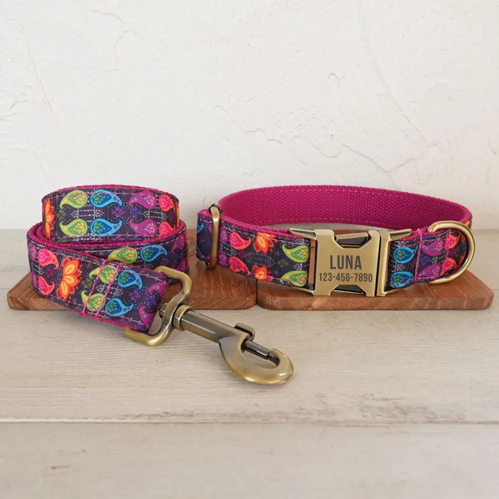 Personalized Dog Collar with Free Engraving, Matching Pet Leash,Customzied Contacts Metal Buckle,Neon Water Realm Collar
