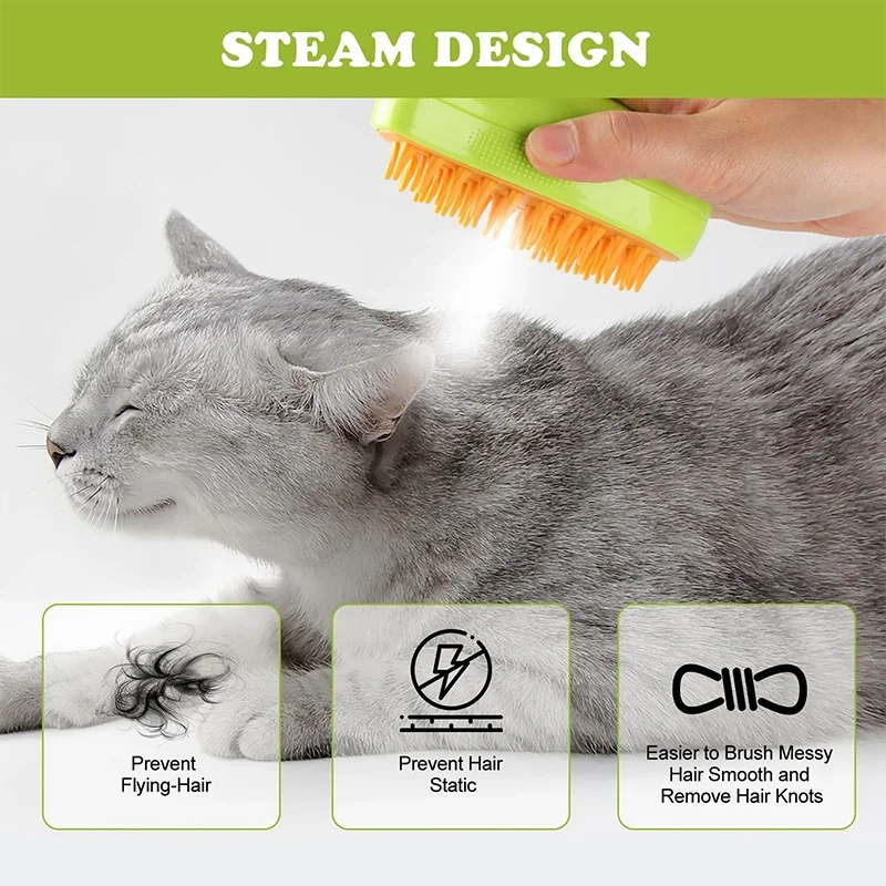 Cepillo de vapor para pelo de gato, peine eléctrico con pulverizador para depilación de perros, de silicona suave, suministros de aseo para el baño de gatos - imagen 4