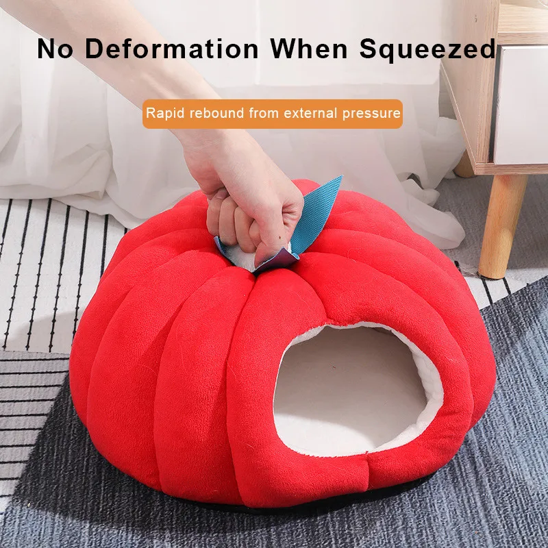 Cama suave y cálida para gato, casa antideslizante con forma de calabaza de dibujos animados, nido interior para mascotas, suministros para mascotas, Invierno - imagen 3