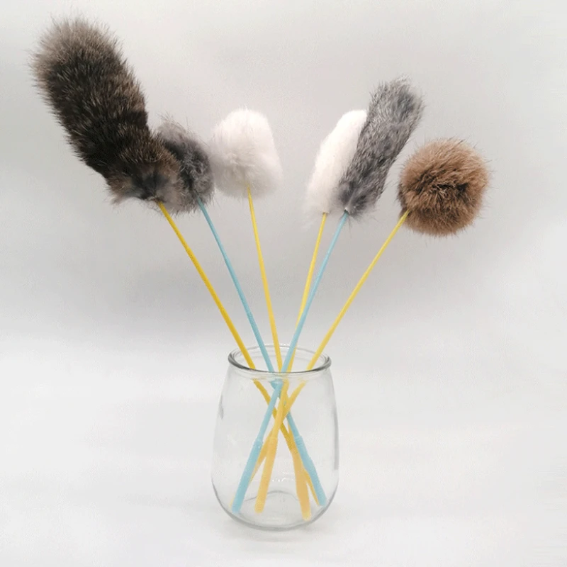 Palo divertido para gato, pompón de piel de conejo de imitación, palo interactivo de felpa para mascotas, juguetes de entrenamiento para gatos, accesorios para mascotas - imagen 2