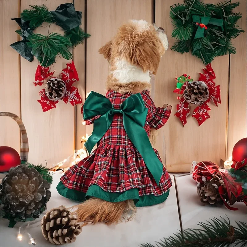 Ropa navideña para perros, falda larga clásica a cuadros con lazo, vestido de fiesta de Navidad, ropa para mascotas, vestidos para perros pequeños
