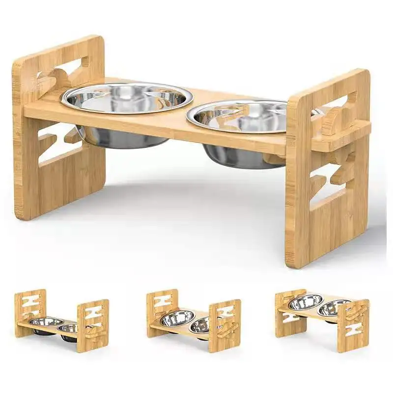 Comedero elevado de bambú para perros pequeños y gatos