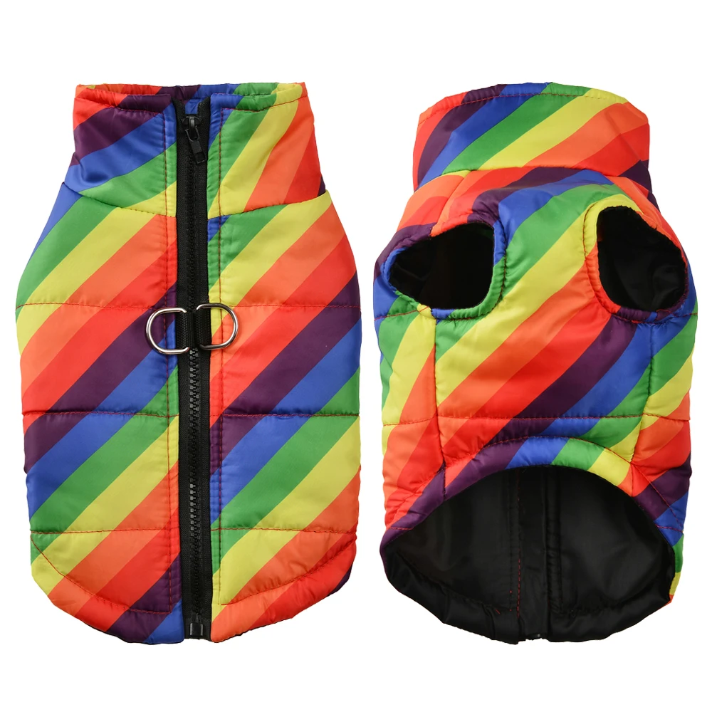 Ropa cálida para perros pequeños y medianos, abrigo impermeable con estampado de arco iris para mascotas, chaqueta para cachorros de invierno con disfraz de Pug con anillo en D - imagen 3