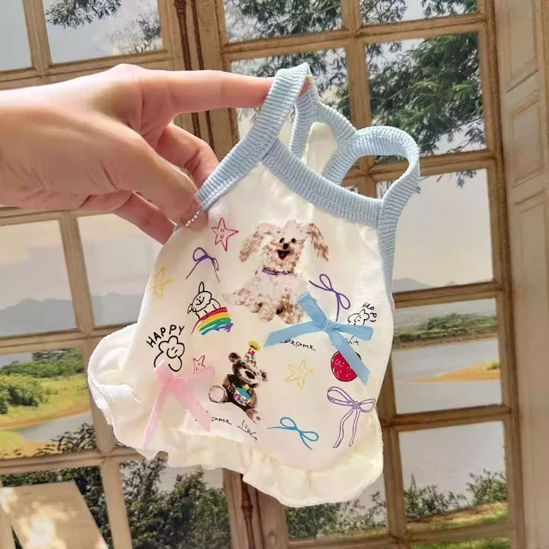 Ins-ropa bonita con lazo para perro, vestido de retazos, chaleco de princesa para perro, falda acampanada elástica de Yorkshire, vestido camisola para perro pequeño - imagen 3