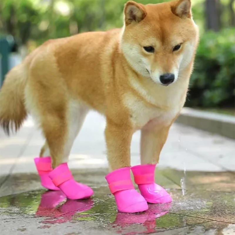 Botas de goma antideslizantes para mascotas, impermeables, 4 piezas, para perros pequeños, medianos y grandes, botines para exteriores, accesorios para mascotas - imagen 3