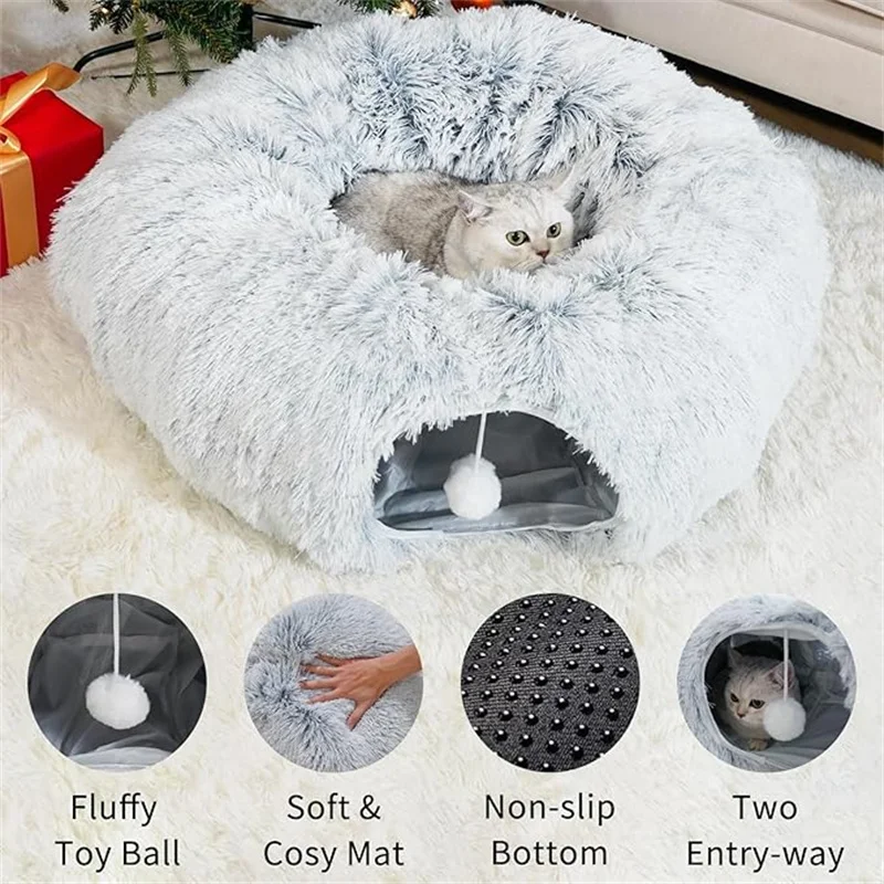 Túneles para gatos de interior, cama de túnel para gatos con cojín lavable, falda de árbol de Navidad de túnel para gatos, túnel de donuts plegable - imagen 5