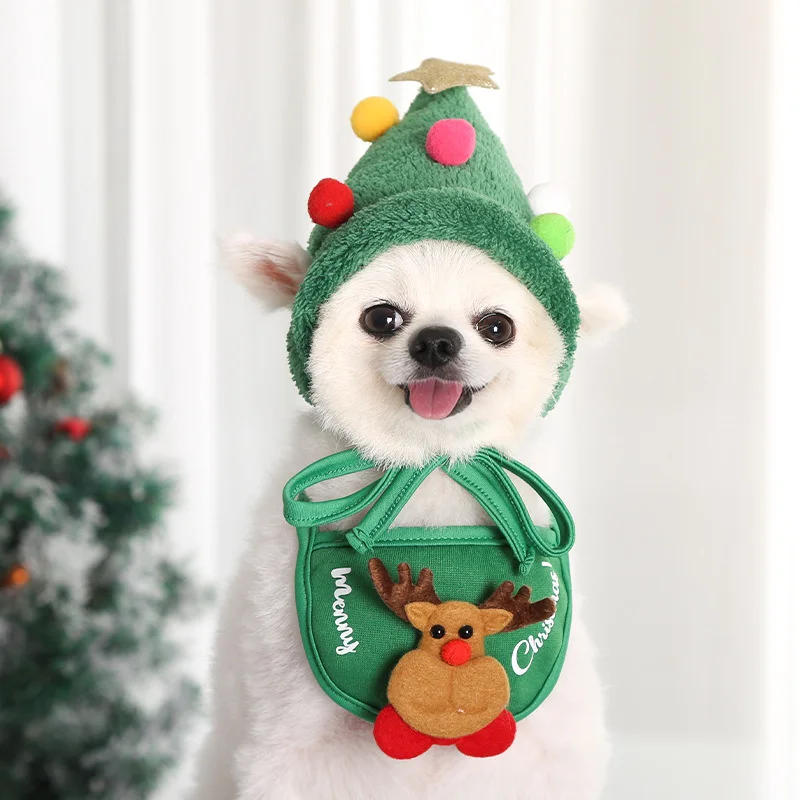 Gorro con lazo para mascotas de estilo navideño, disfraz de árbol de Navidad, adecuado para perros medianos y grandes, bonito diseño con orejas expuesta para mantener el calor - imagen 3