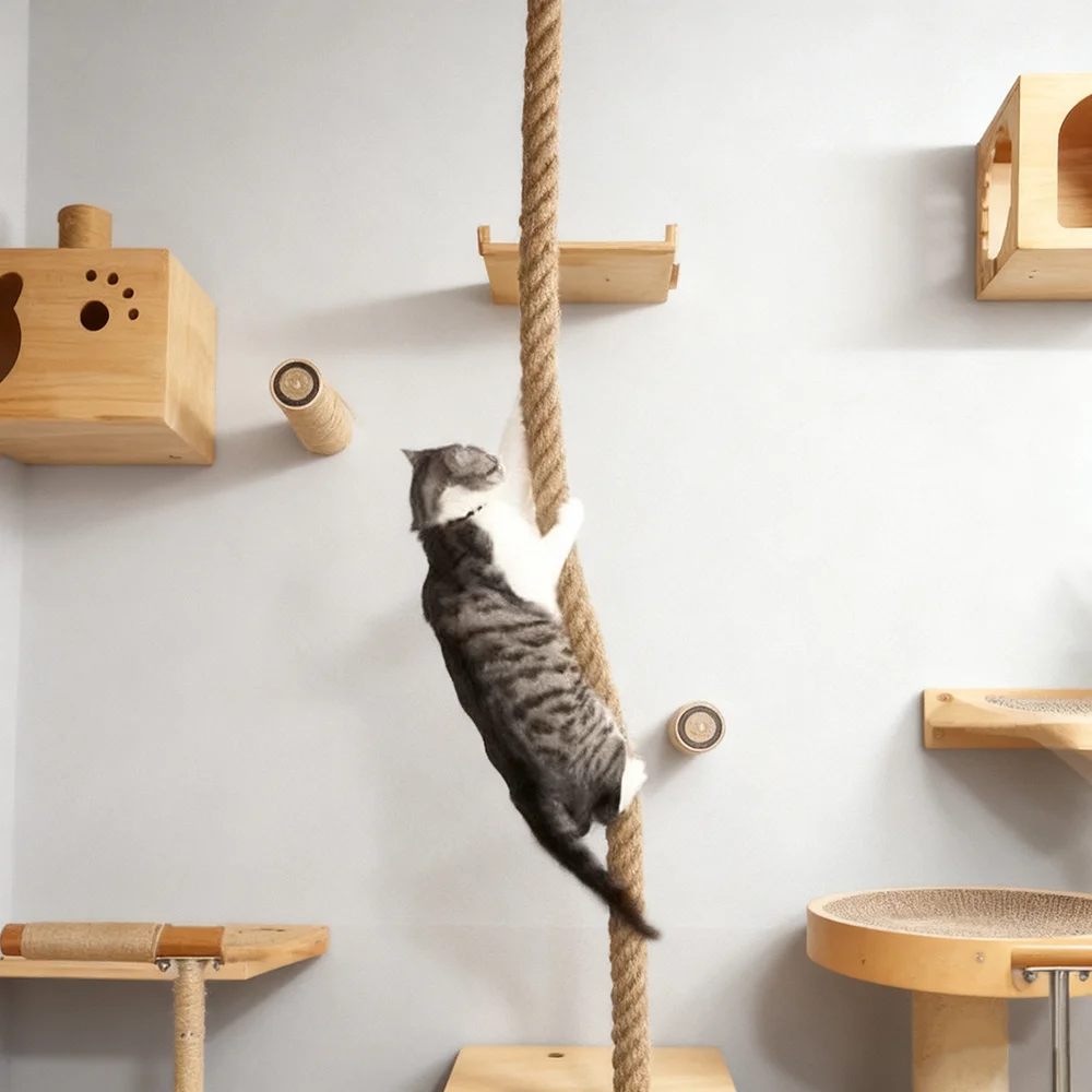 Rascador de Sisal montado en la pared para árbol de cuerda de escalada en el techo para gatos, muebles duraderos para mascotas, entrenamiento de molienda de garras