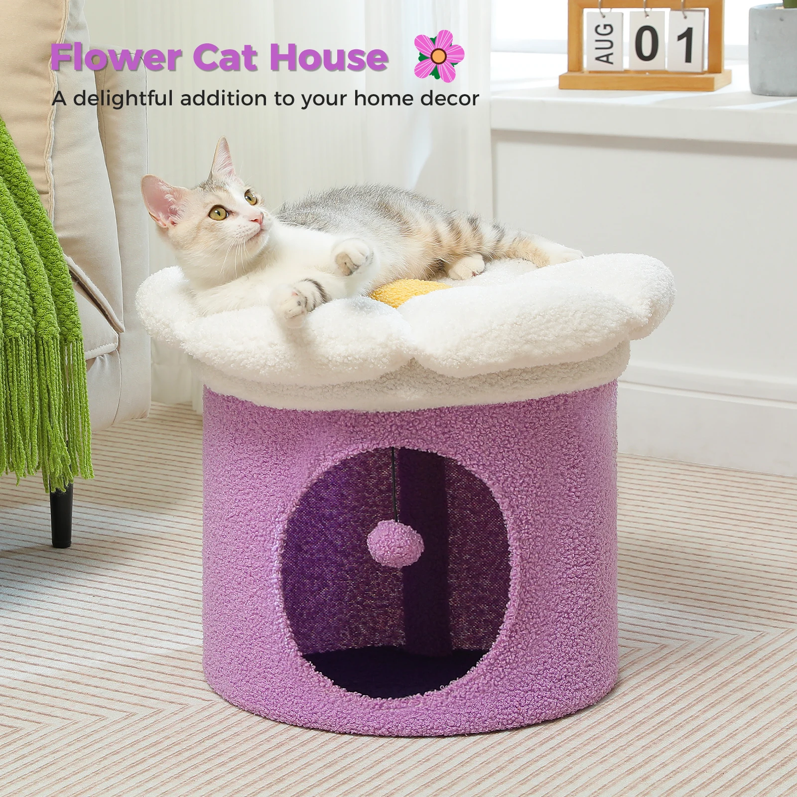 Casa para gatos de flores estable con bola colgante interactiva, percha extraíble, condominio súper grande, hermosa zona oculta para gatos de interior - imagen 4