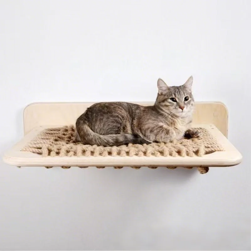 Cama de cuerda de cáñamo de madera maciza, plataforma colgante de madera para dormir para gatos, hamaca para saltar para gatos, superficie hecha de material de cuerda de cáñamo - imagen 2