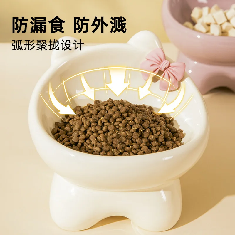 Cuenco para gatos, lavabo de comida para perros y gatos, cuenco oblicuo creativo bonito de cerámica para mascotas pequeñas y medianas, comida, arroz, agua potable, cuello, pie alto - imagen 4