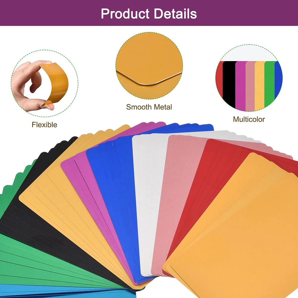 100 Uds placa de identificación de Metal tarjetas de nombre comerciales hoja de Metal de aluminio Multicolor Material de prueba de grabado láser para tarjeta de nombre DIY - imagen 3