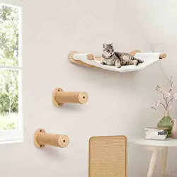 Rascador de pared para gatos con hamaca y estantes – 3 piezas de madera