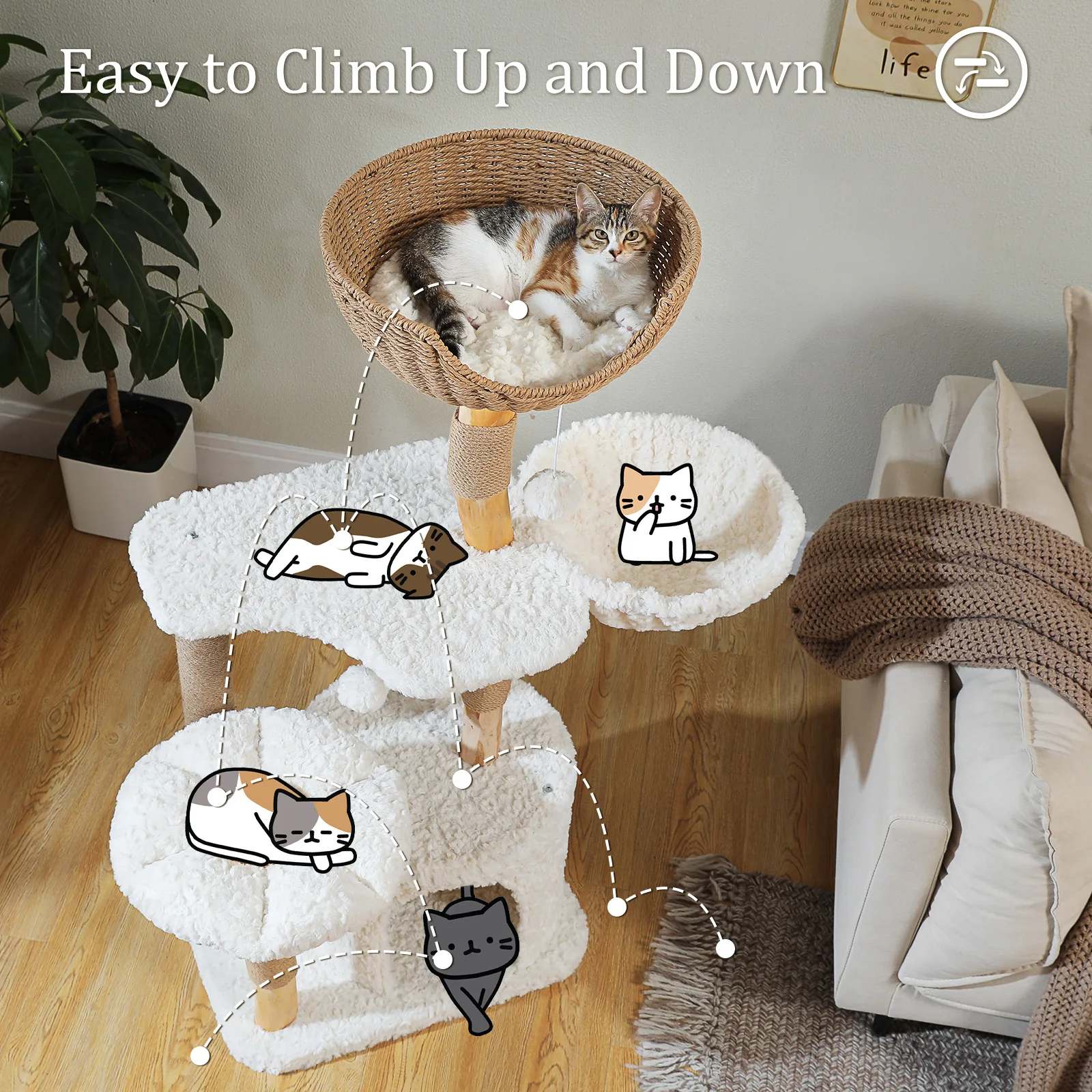 Árbol para gatos moderno para gatos de interior, torre para gatos de madera maciza con Condo de lujo, hamaca acogedora, poste rascador, cama para gatos con flores, juguetes para gatos - imagen 2