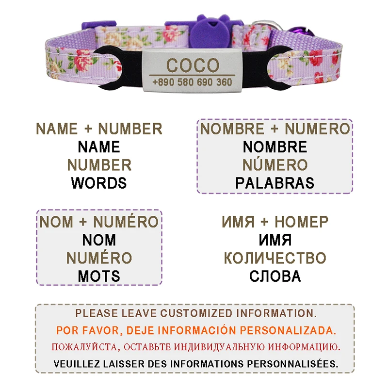 Collar para gato, etiqueta de identificación personalizada, hebilla de seguridad, grabado personalizado ajustable, Collar de nailon de acero inoxidable para cachorros y perros, Collar para gatitos - imagen 2