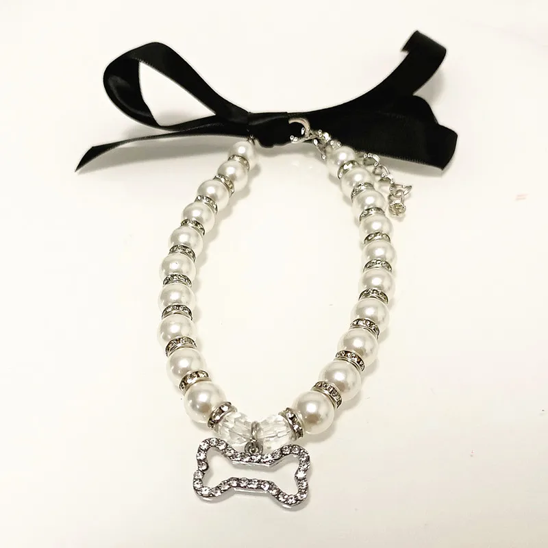 Collar de perlas de imitación para mascotas, accesorios para gatos y perros, colgante de hueso con incrustaciones de diamantes, Cinta Negra, accesorios para mascotas - imagen 2