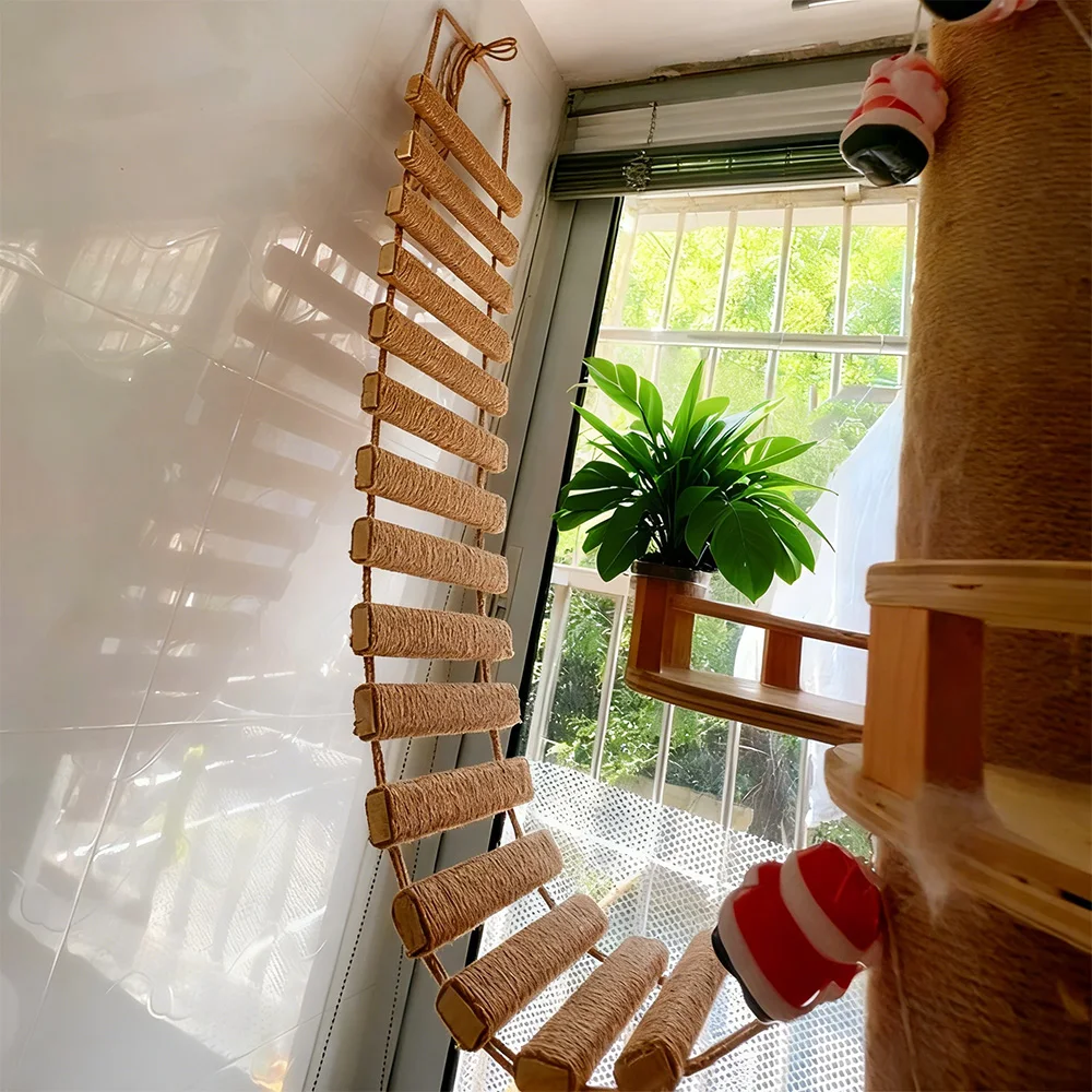 Centro de actividades para gatos montado en la pared, escalador de madera para gatos con puente y escalón de cuerda para rascar de Sisal para escalar gatitos y gatos adultos