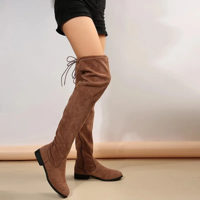 Tacones femeninos de gamuza sintética Otoño/Invierno Botas hasta la rodilla elásticas con cremallera para mujer Botas hasta el muslo con cordones de tubo Botas negras - imagen 3