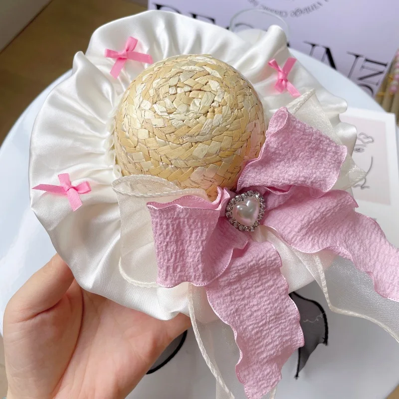Sombrero con lazo de encaje para mascotas, sombrilla con lazo, sombrero de paja, ropa para perros y gatos, accesorios para sombrero que combinan, accesorios para perros Pomerianos para cachorros - imagen 3