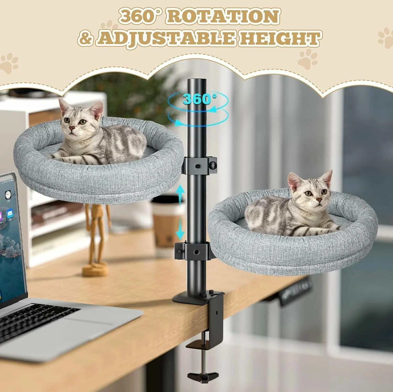 Nido de escritorio para gatos elevado redondo 360 °   Cama de hamaca giratoria para gatitos, muebles para mesas auxiliares, oficina en casa y salas de estudio - imagen 3