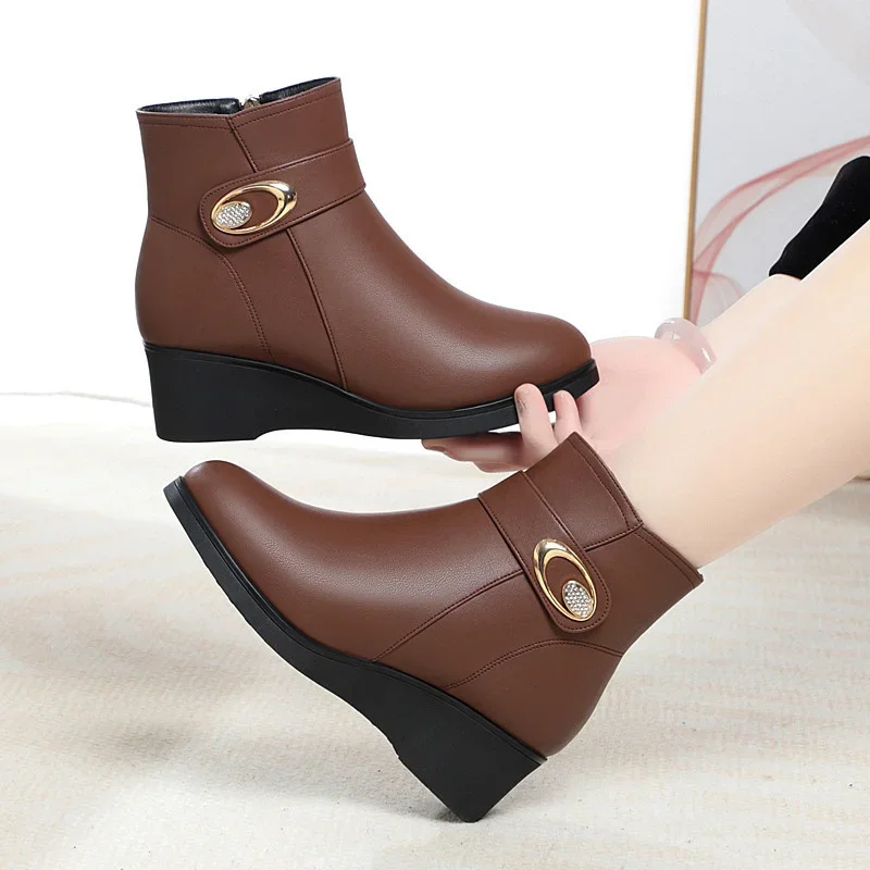 Zapatos de algodón antideslizantes con punta redonda y cremallera para mujer de cuero suave, cuñas de piel de lana para invierno, botas de nieve cálidas con suela gruesa - imagen 5