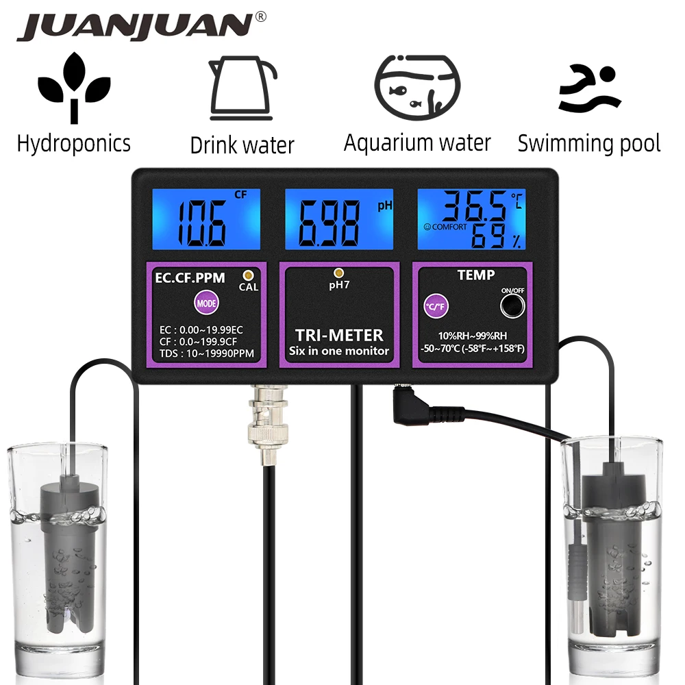 PH-217 Probador de Calidad del Agua 6 en 1, medidor de PH Digital profesional, temperatura de PH EC CF RH TDS, Monitor, Detector de agua para piscina y acuario