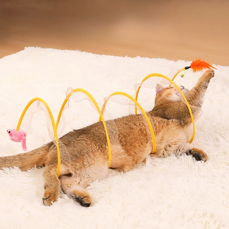 Tubo de túneles plegable para gatos con plumas, suministros interactivos portátiles para interiores para mascotas, juguetes para cachorros y gatitos, artículos de túnel plegables - imagen 3