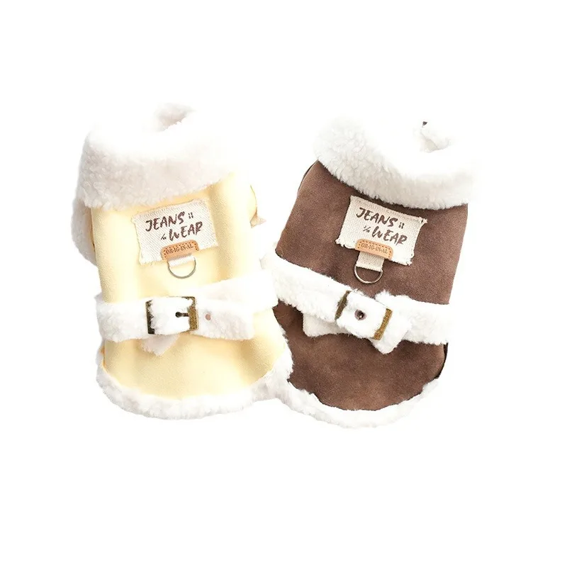 Abrigo de gamuza empalmado de lana de cordero para otoño/invierno para mascotas con peluche de tracción y ropa cálida de terciopelo Parkas de ante de una pieza para perros - imagen 5