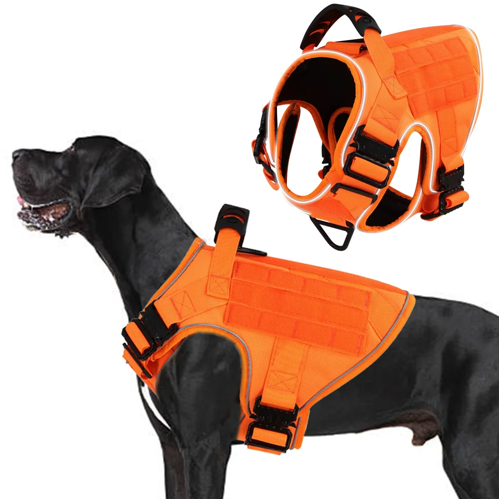 Chaleco táctico naranja para mascotas para perros grandes, arnés para perros antitiramiento, arnés militar ajustable, conveniente para caminar y entrenar