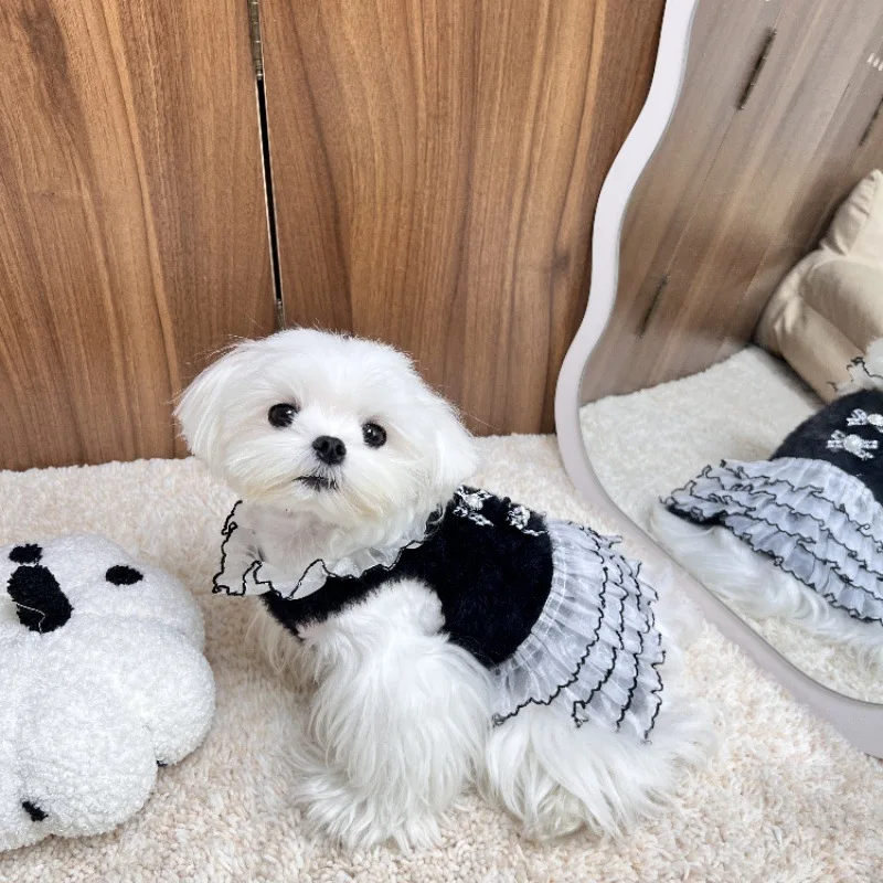 Vestido de punto para otoño/invierno para mascotas, suéter para gatos, falda abombada de peluche Yorkshire, ropa para cachorros, ropa para perros pequeños - imagen 4