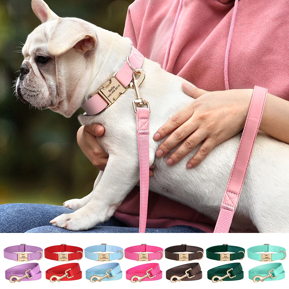 Collar de perro personalizado, conjunto de correa de cuero PU personalizado, collares con hebilla para perro, correa para caminar para mascotas para perros pequeños y medianos Pitbull