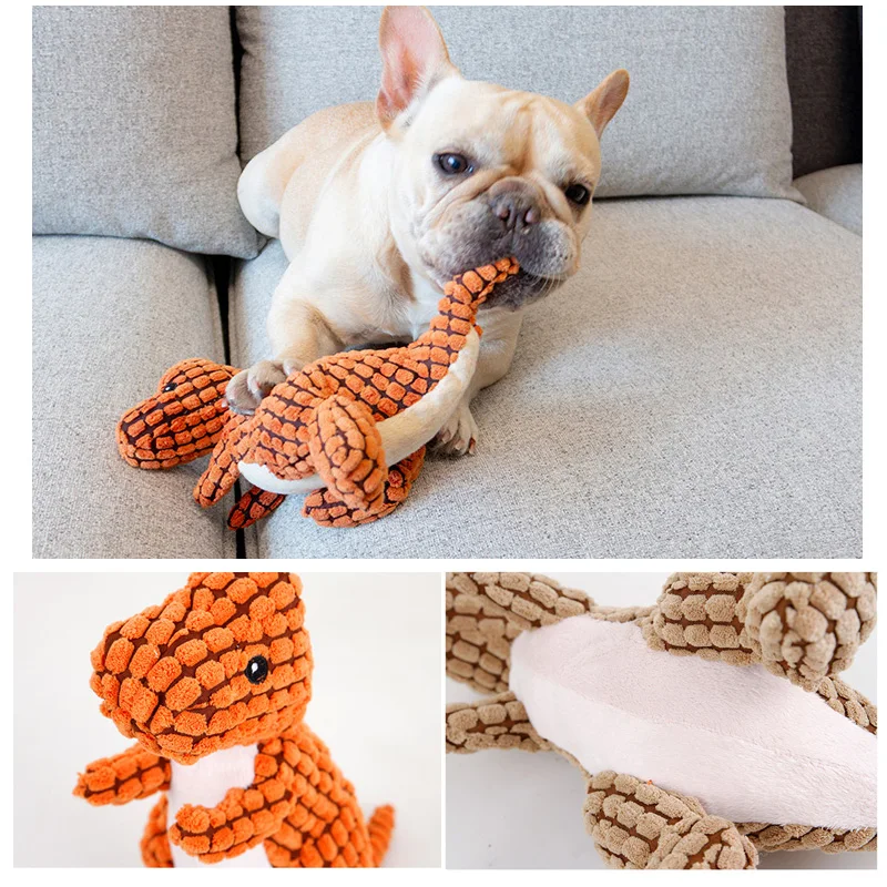 Juguetes de peluche suave para perros chirriantes, dinosaurio bonito de dibujos animados, mascotas, juguete para gatos, juego al aire libre, juguetes molares interactivos para masticar perros pequeños - imagen 2