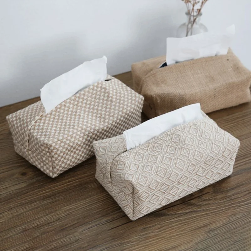 Caja de pañuelos de Yute Natural para el hogar, dispensador de papel de mesa de lino y algodón, estuche de pañuelos de arte para coche, soporte para servilletas, bolsa de almacenamiento - imagen 2