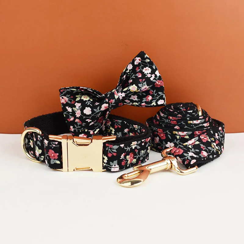 Collar de perro con flores de fondo negro para mascotas, accesorios de moda de lujo, diseño personalizado, logotipo, sublimación de flores, correas, arnés, juego de lazos, 05 - imagen 3