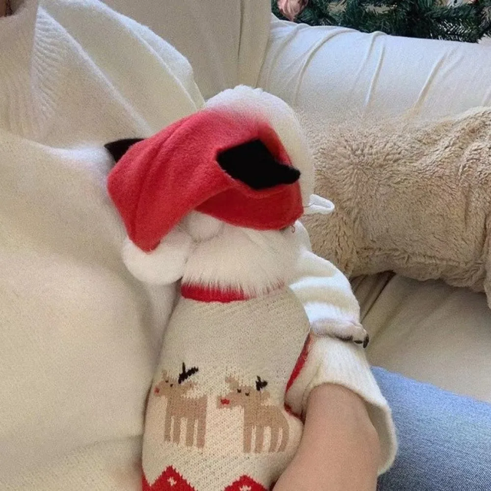Gorro de Navidad para mascotas, bonito y festivo, gorro con bola de piel de gato rojo, cubierta para la cabeza, gorros cálidos, accesorios para perros de Año Nuevo para perros pequeños