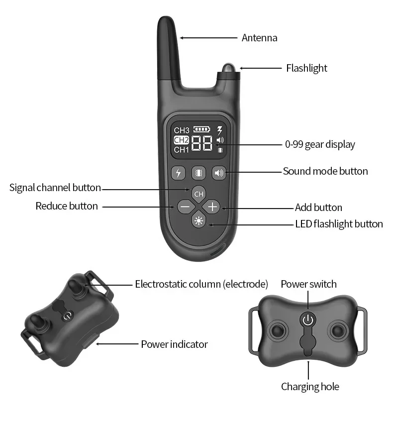 Lindo Collar de entrenamiento para perros eléctrico negro de 800m con sonido de vibración de choque Control remoto artefacto de entrenamiento para mascotas para perros 1/2/3 - imagen 4