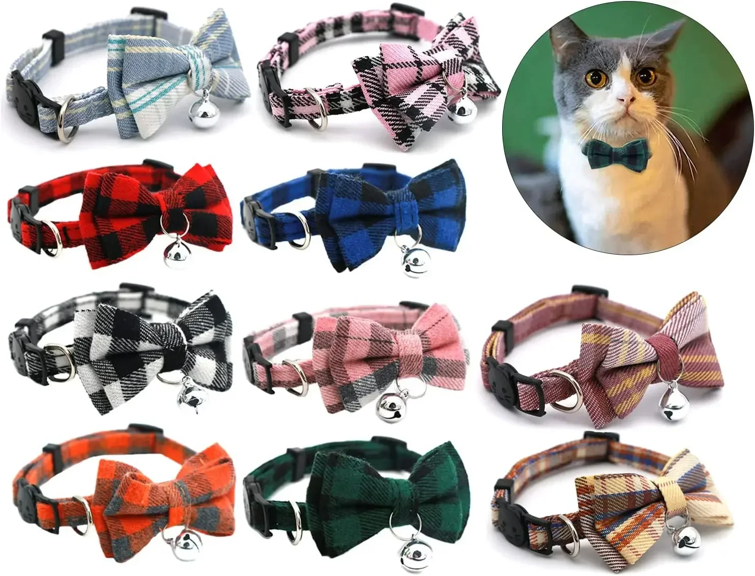 Collar para Gato, pajarita y campana, bonito a cuadros, Navidad, rojo, elástico, ajustable, Collar para perro con marco, campana pequeña para gatos - imagen 2