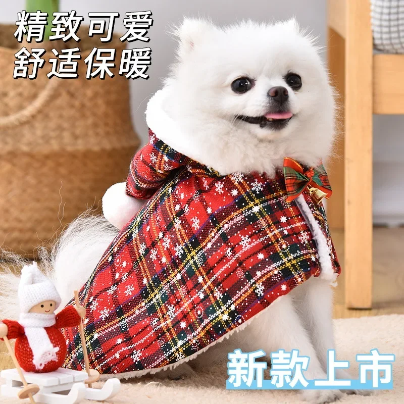 Abrigo rojo a cuadros para mascotas, traje de Navidad para perros transformados en gato, capa de felpa navideña, ropa para perros pequeños, ropa para cachorros - imagen 4