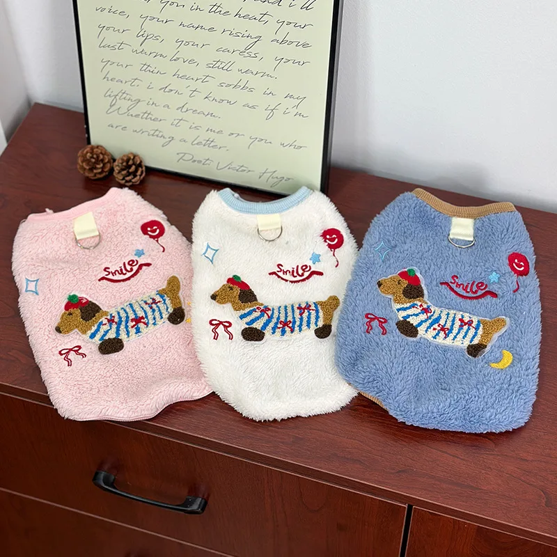 Chaleco bordado de felpa para mascotas, abrigo de terciopelo grueso con anillo de tracción para perros pequeños, chaqueta de ropa de Navidad para otoño/invierno