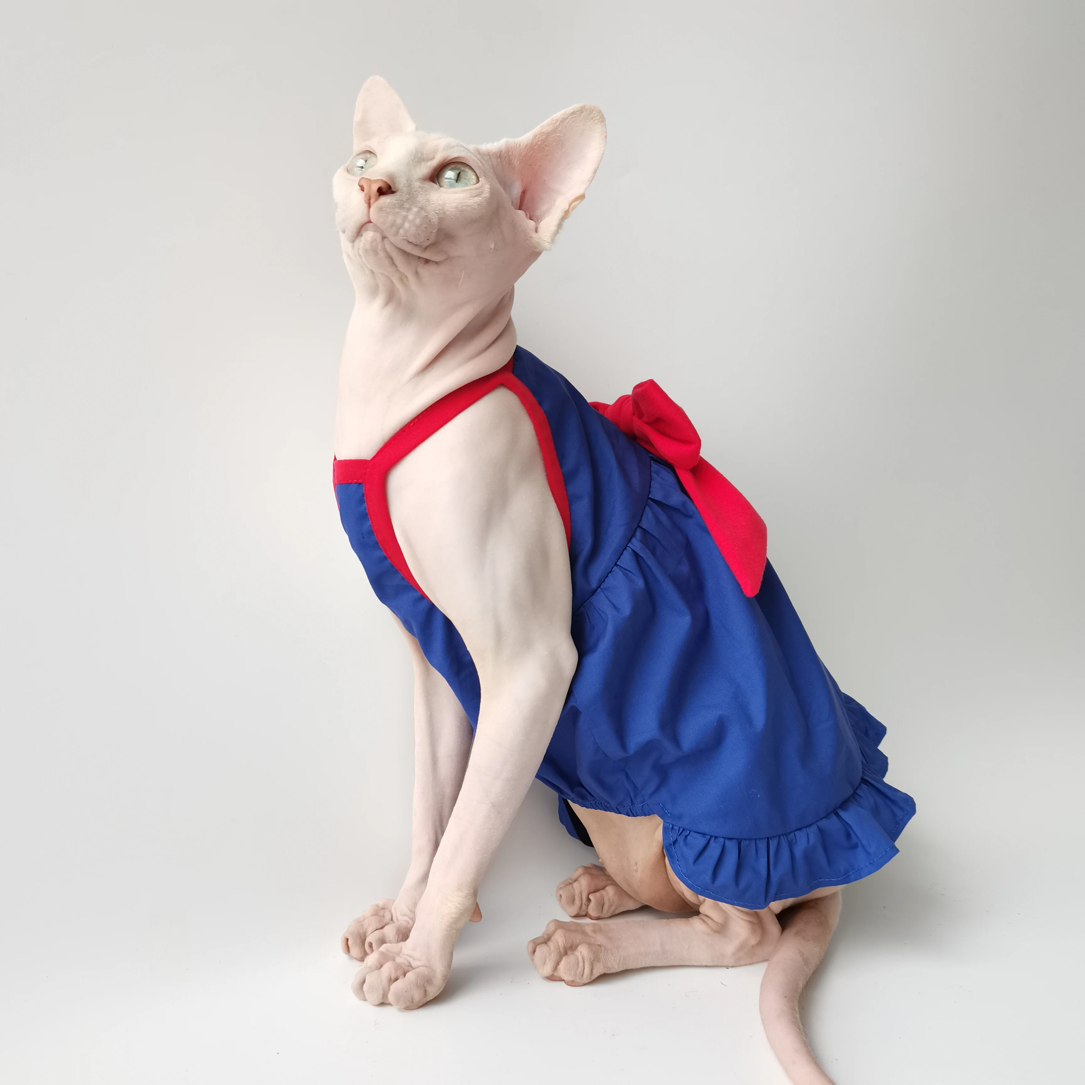 Sphynx Cat Clothes Vestido de verano de algodón azul con gran lazo rojo falda dulce para gata en primavera camisa de camisola para gatitos - imagen 5