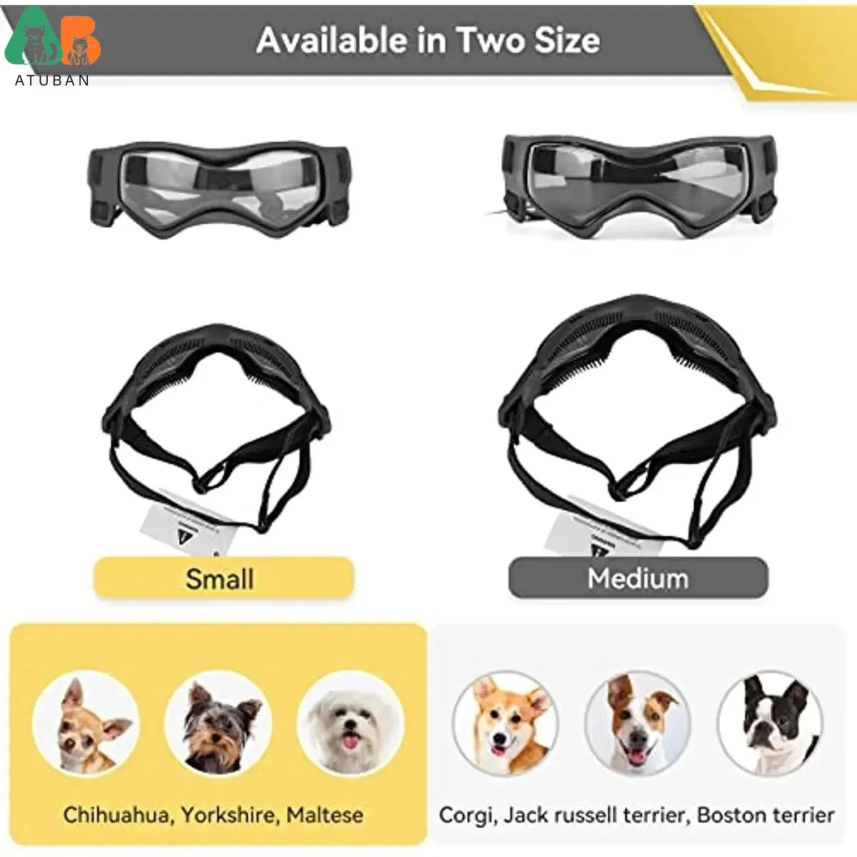 ATUBAN Gafas para perros de raza pequeña Gafas de sol para perros Gafas de sol UV para perros Marco suave a prueba de viento Correas ajustables para perros pequeños Cachorro
